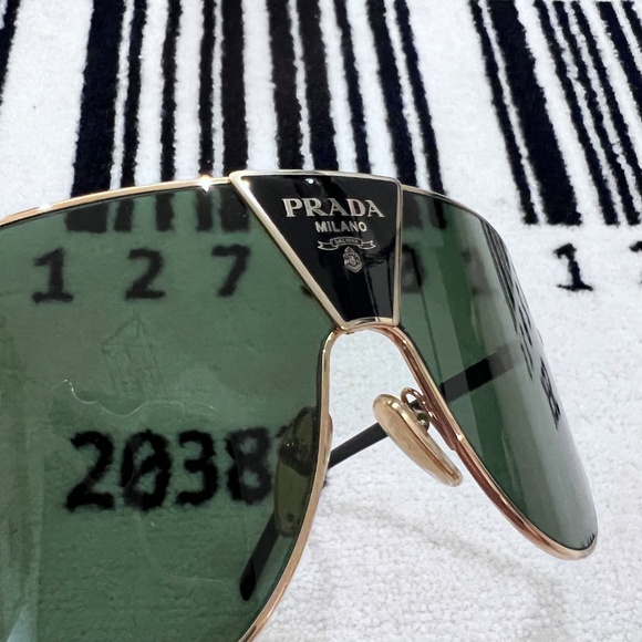 Prada 0PR 69ZS Gold Frame Green Lenses Logo Shield Wrap Mask Runway Sunglasses - Picture 6 of 15